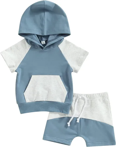 Conjunto de ropa de verano para bebé niño, manga corta, sudadera con capucha y pantalones cortos con cordón, de 0 a 3 años, trajes de color sólido