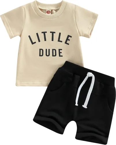Creugole Conjunto de ropa para bebé niño con letras impresas de manga corta con cordón de color sólido en la cintura
