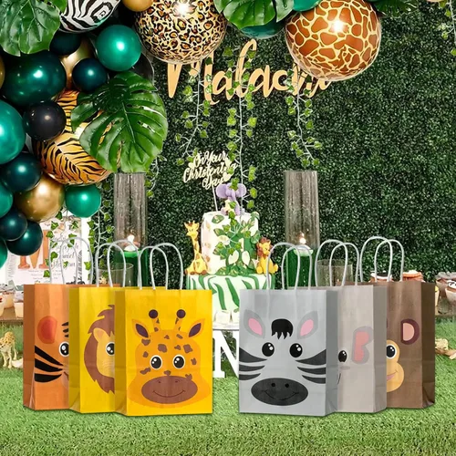 Miniatura 4 de kulusion Paquete de 18 bolsas de dulces de animales de safari para fiesta de cumpleaños con asas, suministros de fiesta temática de selva, bolsas