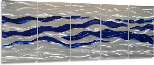 Miniatura 14 de SYGALLERIER Arte de pared abstracto de metal costero, hecho a mano, gran 3D, azul y plateado, ilustraciones modernas de olas de mar, escultura