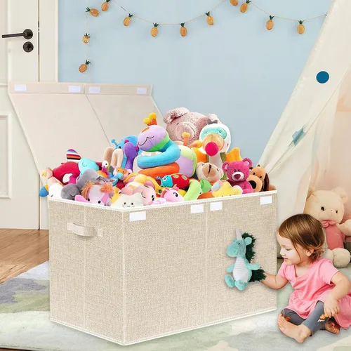 Miniatura 2 de Baúl grande de almacenamiento para juguetes con tapa - Cajas organizadoras plegables para niños con asas para niños, niñas, guardería, sala de Beige