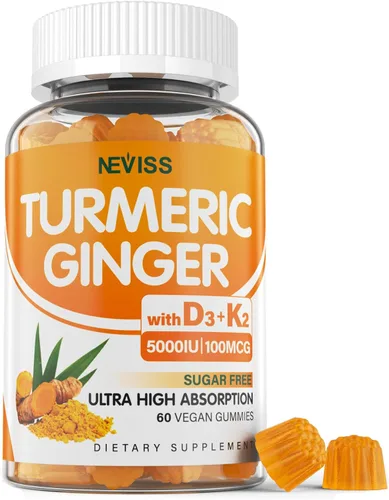 Gomitas de Cúrcuma y Jengibre Sin Azúcar 1500mg con Vitamina D3 5000UI y K2 para Mujeres y Hombres, Gomitas de Cúrcuma y Jengibre para Adultos para