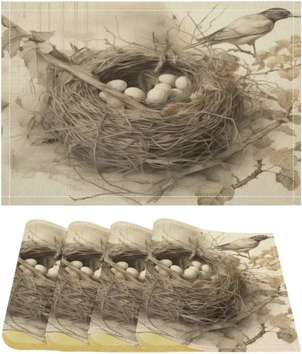Miniatura 23 de Juego de 2 manteles individuales, rústico, elegante, francés, botánico, nido de pájaros, algodón y lino, manteles de mesa de cocina resistentes al