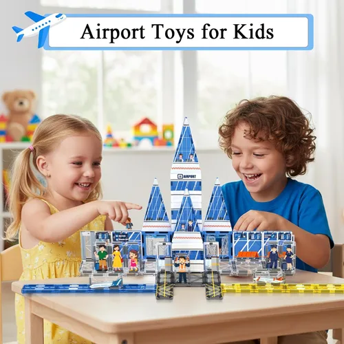 Miniatura 5 de AFUNX - Azulejos magnéticos, set de 54 piezas con tema de aeropuerto, bloques de construcción magnéticos y juguetes educativos STEM para niños