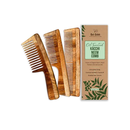 Nat Habit - Peine de neem natural, peine de madera, crecimiento del cabello, para hombres y mujeres, tratado con aceite de neem, dientes dobles y