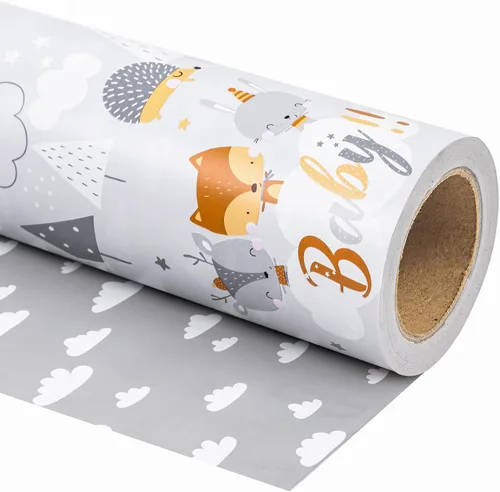 WRAPAHOLIC Papel de regalo reversible para baby shower, mini rollo, 17 pulgadas x 33 pies, diseño de animales grises neutros, baby shower, Baby