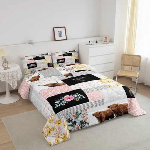 Miniatura 2 de Juego de ropa de cama de vaca de las tierras altas, edredón de ganado de las tierras altas, juego de edredón rosa floral de vaca occidental, juego