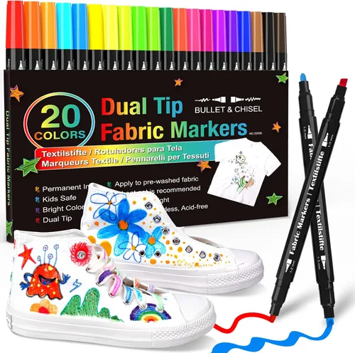 KERIFI Marcadores de tela de doble punta permanentes para ropa, 20 colores para decoración de tela para niños, marcadores de zapatos de camiseta