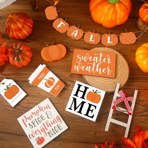 Miniatura 7 de Sumind Juego de 15 piezas de decoración de bandejas escalonadas de Acción de Gracias, decoraciones de otoño para el hogar, letreros de madera