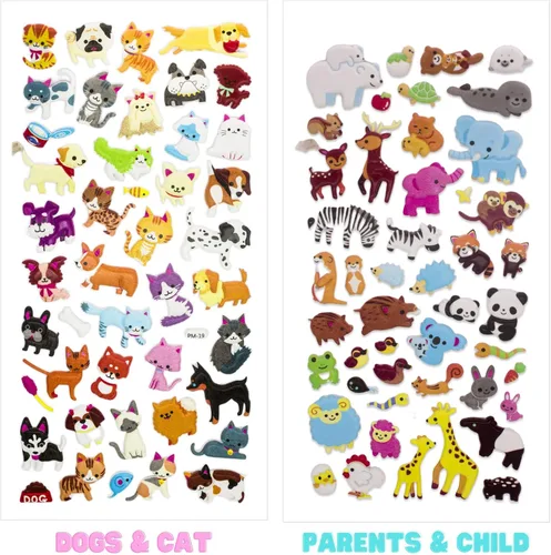 Miniatura 3 de Calcomanías 3D hinchadas para niños, reutilizables para niños pequeños, niños y niñas, 4 hojas – madre hijo, animales, perros, gatos, elefante, Zoo