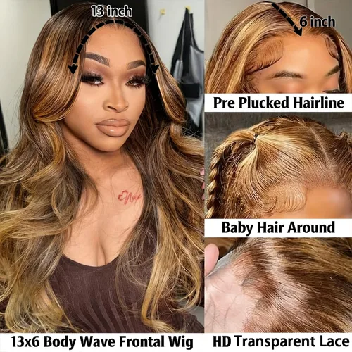 Miniatura 8 de Peluca de cabello humano rubio miel degradado con encaje frontal, peluca de cabello humano 4/27 de color ondulado HD, pelucas de cabello humano