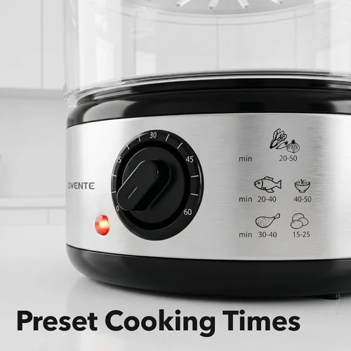 Miniatura 5 de OVENTE Vaporizador eléctrico de alimentos de 2 niveles, olla de vapor apilable de acero inoxidable de 5 cuartos de galón con potencia de 400 W