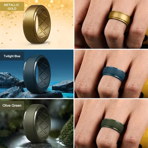 Miniatura 78 de Egnaro - Anillos de silicona para hombre, 25/64 pulgadas (10 mm) de ancho y 3/32 pulgadas (2.5 mm) de grosor, alianzas de boda de goma, paquete