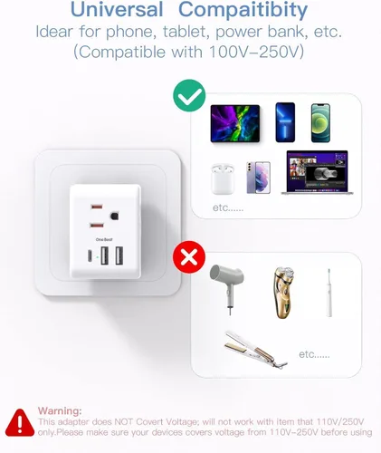 Miniatura 5 de Paquete de 2 adaptadores de enchufe de EE. UU. a Japón, adaptador de enchufe de 2 clavijas a 3 clavijas con 3 salidas de CA, 3 puertos USB