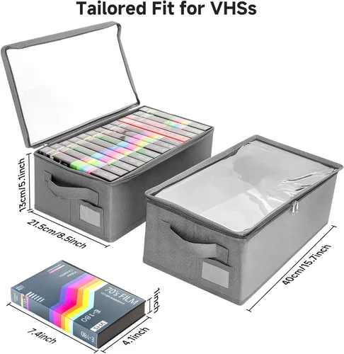 Miniatura 3 de Caja de almacenamiento VHS – Pack de 2 organizadores de cintas de casete con tapa de PVC transparente – Caja de almacenamiento apilable que contiene