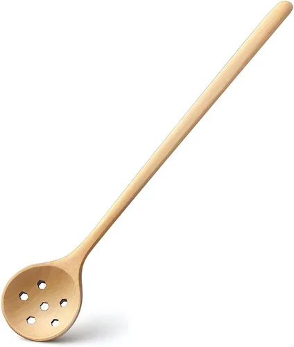1 cuchara de madera de olivo, 11 pulgadas, estilo coreano, mango largo, cucharas redondas ranuradas de madera para mermelada de oliva