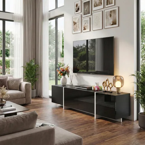 Miniatura 6 de holzart Soporte de TV moderno de alto brillo de 67 pulgadas de ancho para TV de 60/65/70/75 pulgadas, elegante centro de entretenimiento