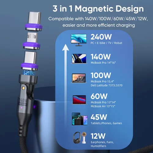 Miniatura 5 de Cable de carga magnético de 240 W, cable de datos magnético USBC a USB C giratorio de 180°, cable de carga rápida para teléfono micro USB