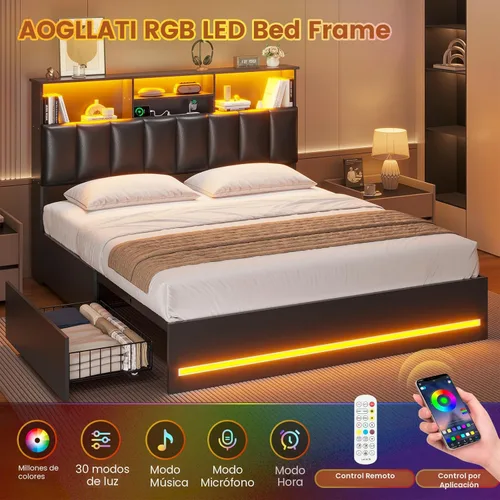Miniatura 3 de AOGLLATI Estructura de cama Queen con elegante cabecero tipo estantería y estación de carga y luces LED, estructura de cama tamaño Queen con 4 Negro