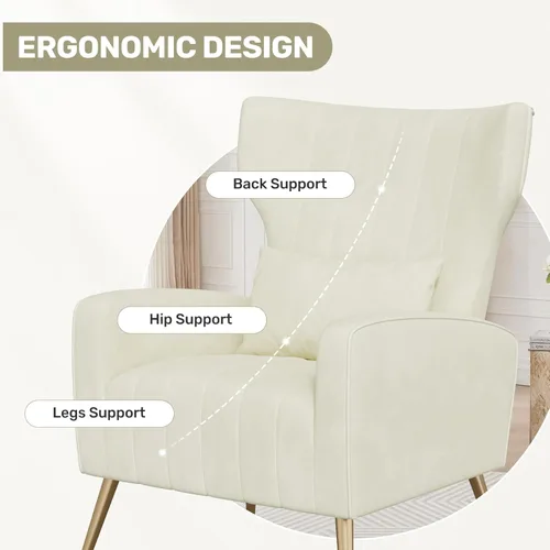 Miniatura 5 de Nalupatio Sillas decorativas de terciopelo, moderno sillón con respaldo alto con almohada lumbar, sillón tapizado de respaldo alto con patas de Beige