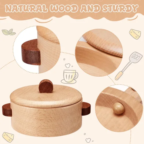 Miniatura 4 de WHOHOLL Accesorios de cocina de madera, juguetes de simulación, ollas y sartenes, juego de cocina para niños pequeños de 3, 4, 5, 6, juego de cocina