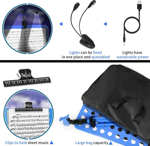 Miniatura 4 de lotmusic Soporte de música azul, soporte portátil para partituras, soporte de música plegable y ajustable en altura con bolsa, clip de partitura