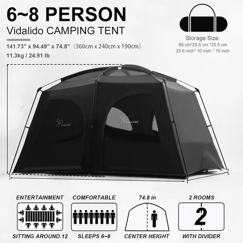 Miniatura 3 de Vidalido Tiendas de campaña, tienda de 6-8 personas para acampar con vestíbulo extendido, tiendas familiares de 2 habitaciones resistentes al clima