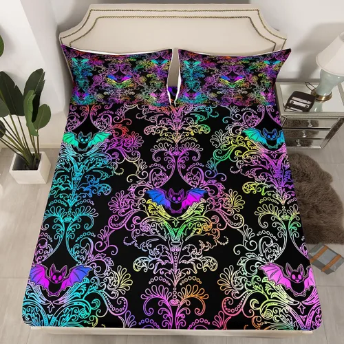 Miniatura 9 de Sábanas de cama góticas de damasco para adultos, sábana bajera ajustable victoriana antigua, sábanas góticas florales vintage, juego de ropa de cama