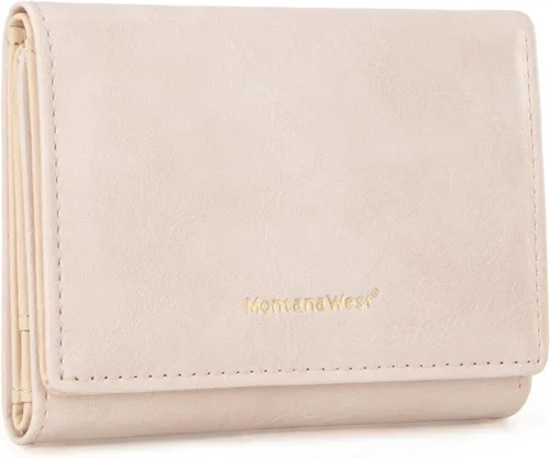 Montana West Billetera pequeña de triple pliegue para mujer, con bloqueo RFID, carteras minimalistas con ventana de identificación, Beige,