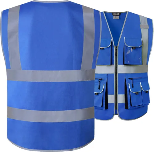 Miniatura 5 de JKSafety Chaleco de seguridad de color azul con 10 bolsillos y cremallera frontal con tiras altamente reflectantes que cumple con las normas