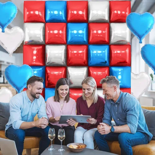 Miniatura 6 de Globos de aluminio cuadrados rojos, azules y plateados, kit de 25 globos de doble cara para fondo, túnel de helio, arco, guirnalda para el 4 de Rojo