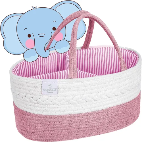 KiddyCare Organizador de pañales tejido, canasta portátil multifuncional grande de color gris con asa, regalo de bebé para niño/niña, almacenamiento