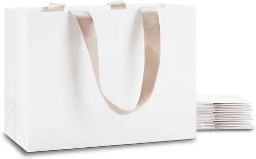Miniatura 9 de Bolsas de regalo blancas con asas, 10 bolsas pequeñas de papel blanco de 5.25 x 3.75 x 8 pulgadas con asas de cinta, bolsa de compras de papel kraft