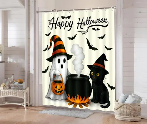 Miniatura 7 de Tieshankao Decoración de baño de Halloween, cortina de ducha de calabaza fantasma, gato, decoración espeluznante con 12 ganchos de 72 x 72 pulgadas