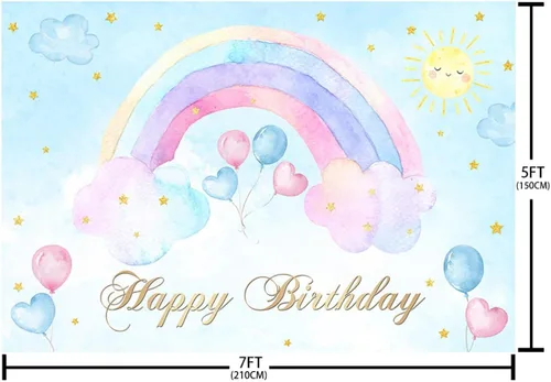 Miniatura 5 de AIBIIN Telón de fondo de feliz cumpleaños arcoíris de 7 x 5 pies para niñas, globos de nube rosa y azul, fondo de fotografía, decoración de fiesta