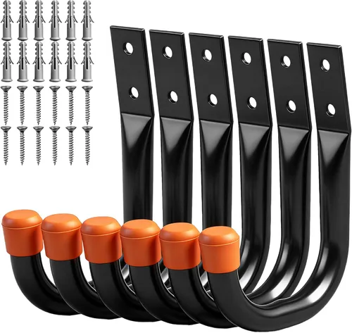 HORUSDY Paquete de 6 ganchos de pared de metal resistentes, ganchos grandes de almacenamiento y organización de garaje para herramientas, cables de