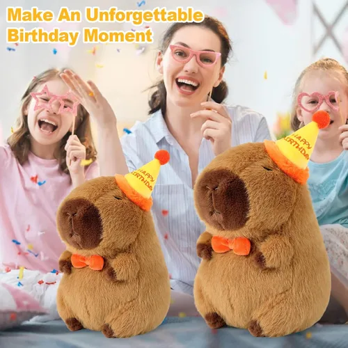 Miniatura 3 de Ditucu Lindo Peluche de Capibara con Sombrero de Cumpleaños Feliz y Lazo, Animal de Peluche Suave, Juguetes de Peluche para Niños, Decoración