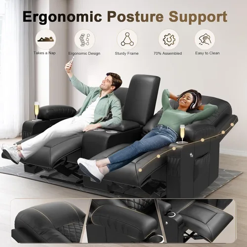 Miniatura 7 de YONISEE Sofá reclinable grande de dos plazas, sofá reclinable con consola de almacenamiento, silla reclinable con puertos USB, 2 soportes