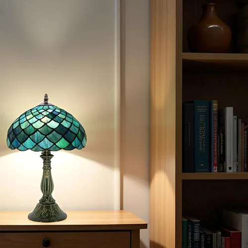Miniatura 8 de Tiffany Style Stained Glass Table Lamp 18.5 Inch - Blue Fish Scales 12X12X18.5 Inch, E26 Bulb Base，Pull Chain Switch, Ceramic Base, Bedside