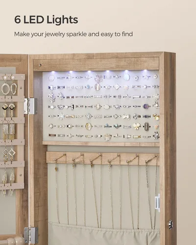 Miniatura 50 de Songmics - UJJC93W - Armario para joyas que se puede cerrar con llave, de montaje en pared o puerta, con espejo de 6 luces LED, para organización
