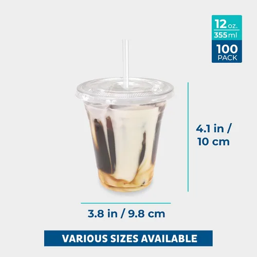 Miniatura 3 de Freshware Vasos de plástico desechables transparentes de 12 onzas con tapas planas y popotes, paquete de 100 vasos de plástico transparente, vasos