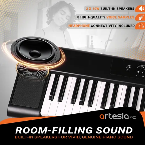 Miniatura 3 de Artesia Teclado de piano digital portátil de 61 teclas con teclas semipesadas de tamaño completo, paquete para principiantes con pedal de sustain
