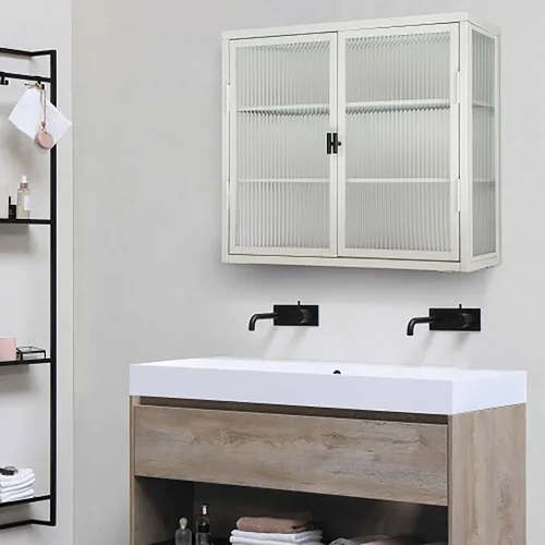 Miniatura 7 de Gabinete con puertas de vidrio, gabinete de boticario de baño con 2 puertas y estantes ajustables de 27.6 pulgadas para cocina de pared para baño