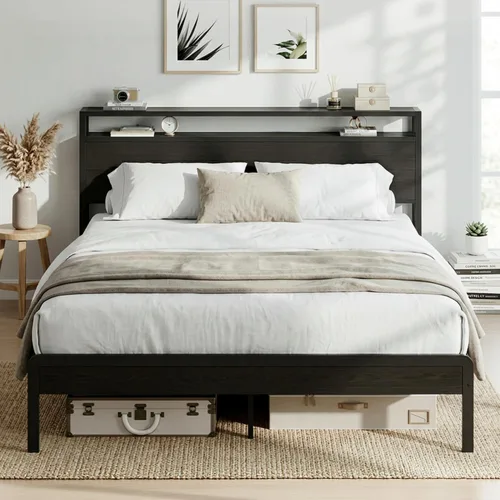 Miniatura 17 de LIKIMIO Marco de Cama King con Cabecero, Marco de Cama King de Madera Oscura con Soportes Fuertes, Resistente, Sin Ruido, No Necesita Somier, Nogal