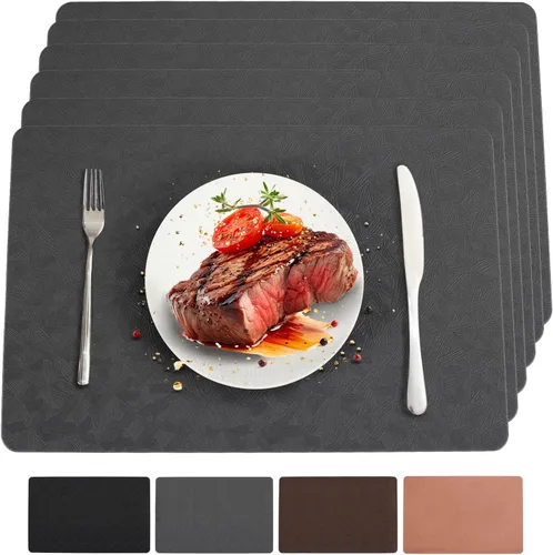 Miniatura 23 de Juego de 6 manteles individuales de vinilo, resistentes al calor, fáciles de limpiar, antideslizantes, para mesa de comedor, piel sintética, Negro