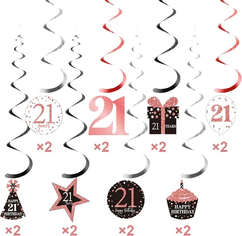 Miniatura 4 de Blulu Decoraciones de fiesta de cumpleaños número 21, pancartas de cumpleaños número 21, remolinos colgantes de oro rosa, decoraciones de techo