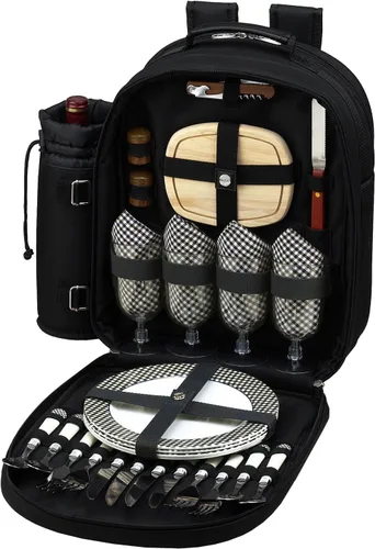 Picnic at Ascot - Mochila de picnic para 4 personas equipada de lujo con enfriador y soporte de vino aislado - Negro