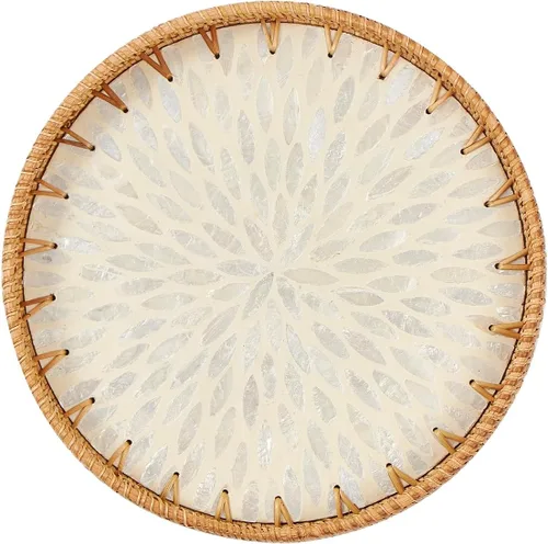 Miniatura 10 de Kmelep Bandeja redonda de ratán con incrustaciones de madreperla, bandeja de ratán con base de madera, cesta decorativa de mimbre para decoración