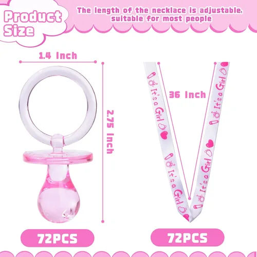 Miniatura 3 de 72 bonitos collares de chupete para baby shower, recuerdos de fiesta de niñas y niños, revelación de género, juego de collar de baby shower (rosa)