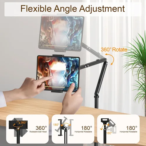 Miniatura 2 de Houele Soporte de Piso para Tableta con Bandeja Extraíble, Soporte de Piso para iPad para Cama, Soporte de Tableta de Altura Ajustable Porta iPad